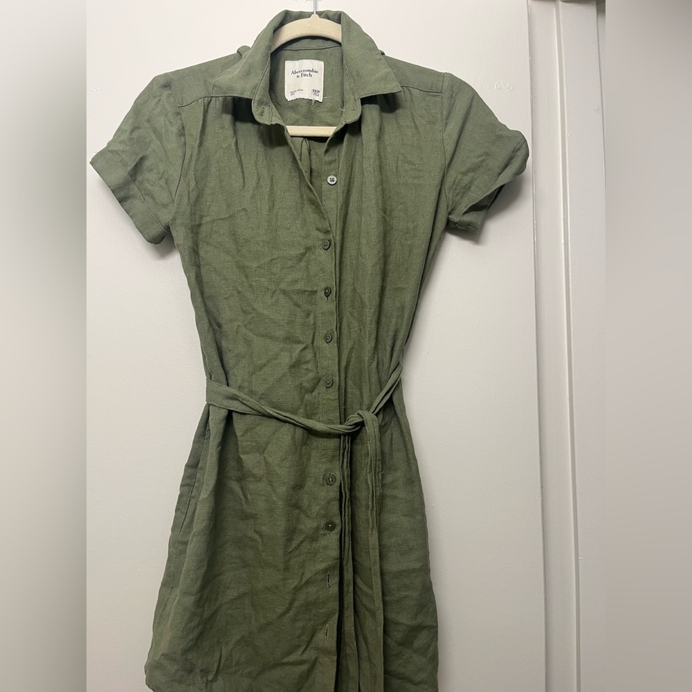 Linen button up short sleeve dress, green, tie waist, pockets
